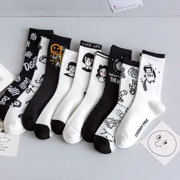 2022 uus aasta sügisel must ja valge sport naiste sokid puuvillane armas talvine naiste sokid kawaii trükitud sokid jaapani mood sokk