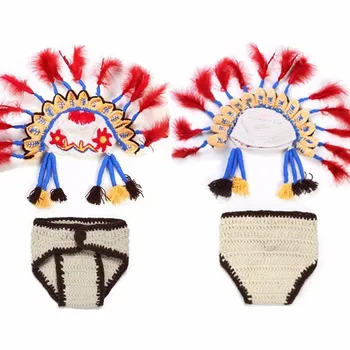 2Pcs/Set Vastsündinud Fotograafia Rekvisiidid Vastsündinud Käsitööna Heegeldatud Koo Riiete Komplekt Indian Chief Müts India Stiilis Laps Foto Kostüüm