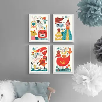 Cartoon Rebane Karu Maja Kana Siga Lasteaed Seina Art Lõuend Maali Nordic Plakatid Ja Print Seina Pilte Baby Kids Room Decor