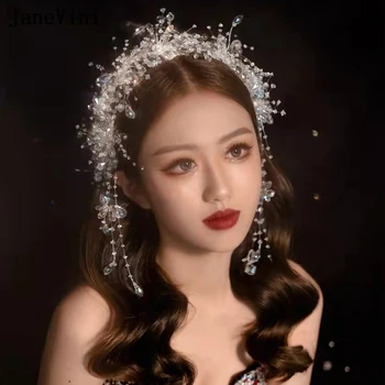 JaneVini Korea Stiilis Täis Beaded Peapaela Naiste Pikk Tutid Pruudi Peakatet Crystal Pulm Juuste Aksessuaarid, Ehted Kingitused