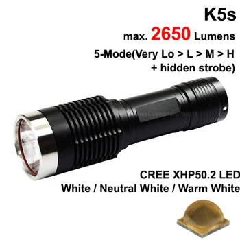 K5s Cree XHP50.2 Valge 6500K / Neutraalne Valge 5000K / Soe Valge 3000K 2650 Luumenit 5-Režiimi LED Taskulamp - Must ( 1x26650 )