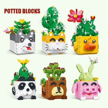 Kapseldatud ehitusplokid Lill Cartoon Panda Erha Põrsas lillepotis Cactus Mahlakad Pottidesse Mudeli Tellis Laste Mänguasi Kingitus