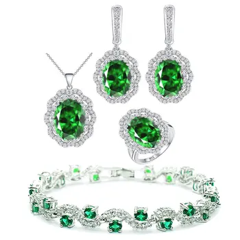 Roheline Emerald Hõbe 925 Morsiamen Ehted Komplektid Naiste Kõrvarõngad/Ripats/Kaelakee/Rõngas/Käevõru