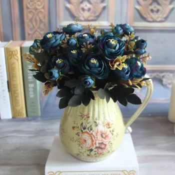 Sinine roos tehislilled Võltsitud Pojeng Elavat Kimp Pojeng 6 Pea Kunstlik Taimed Pruudi Hydrangea Kodus ruumi Kaunistamiseks